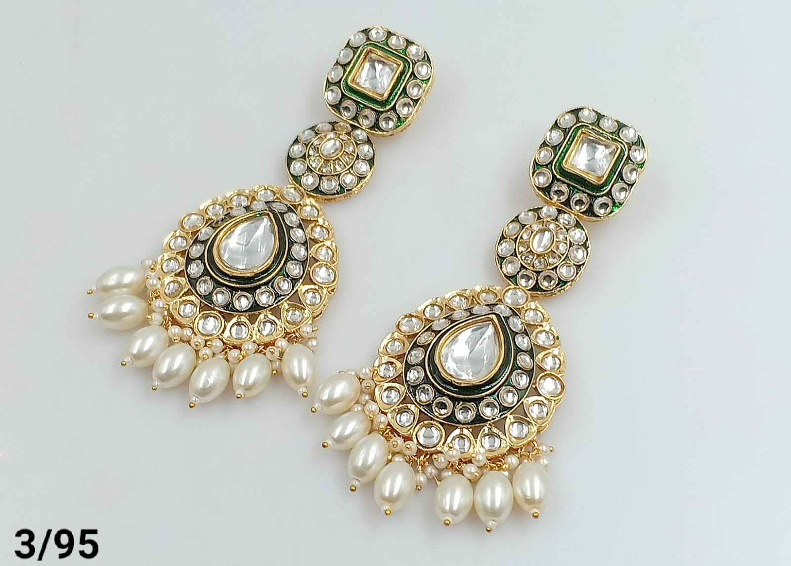 Gold-Finish Kundan Dangles with Emerald Green Enamel Accents